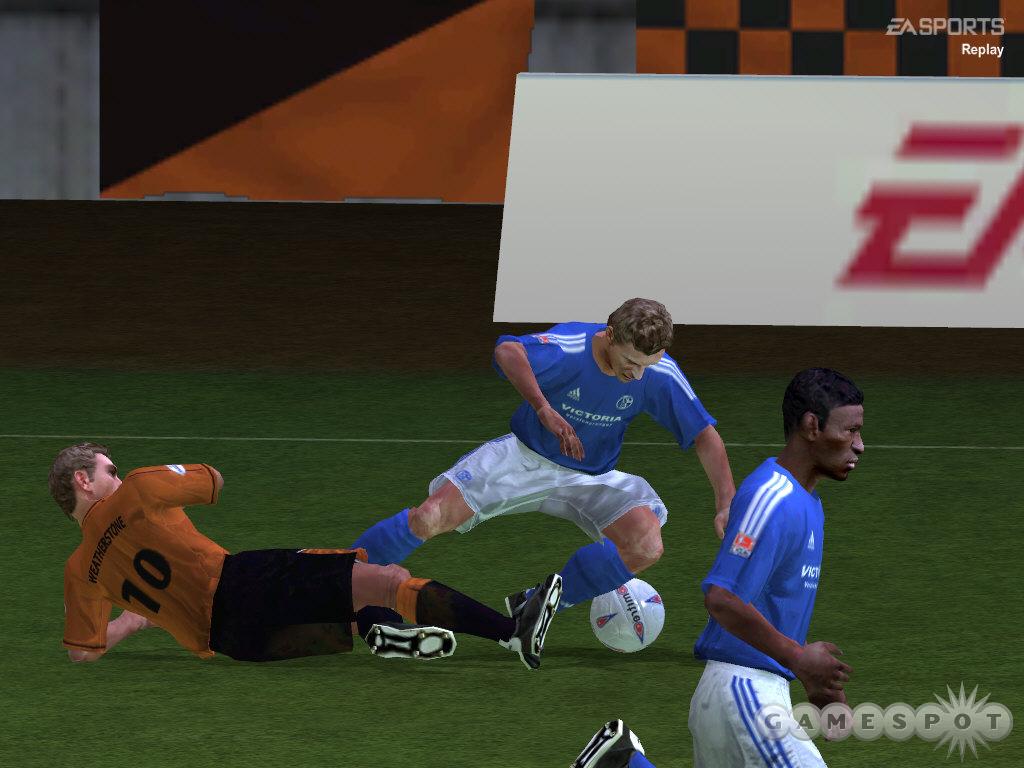 Bone-crunching tackles, like this one, can come in a wide variety of ways in FIFA 2004.