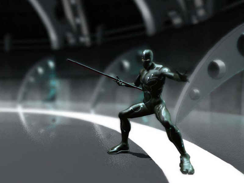The ninja is in focus, and the background is out of focus, which results in a depth-of-field effect.