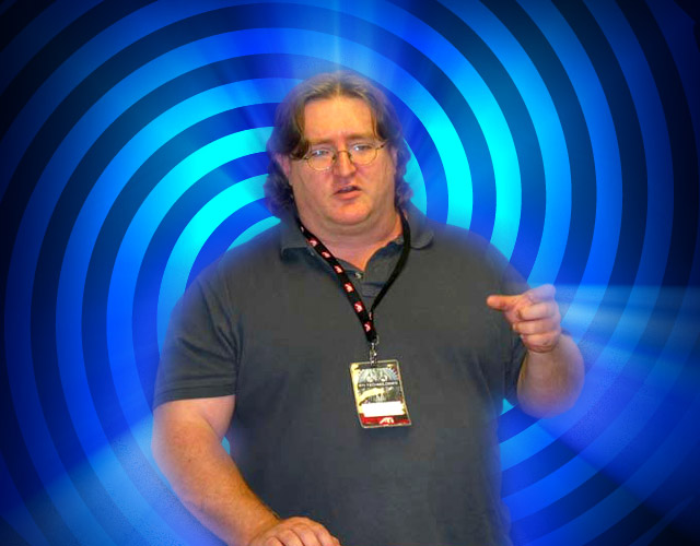 Gabe Newell stands before a pre-alpha version of what will be the Valve Time Displacement Vortex, which is internally being called Spigot.