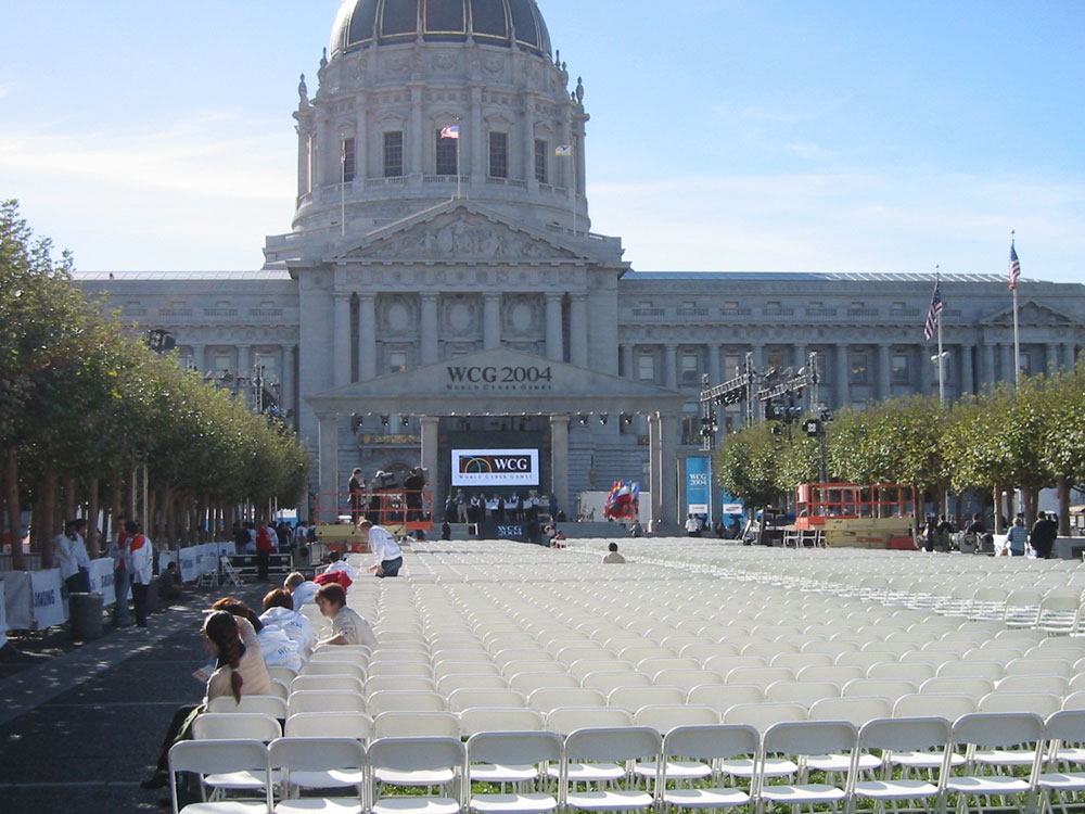 A large stage with video screen was set up in front of City Hall, in advance of the opening ceremony.