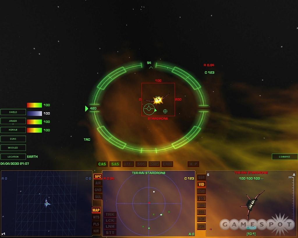 Dogfights in space involve a lot of circling, and most of the time you can only see opponents courtesy of your scanners. This may be fairly realistic, though it doesn't do much to promote excitement or tension.