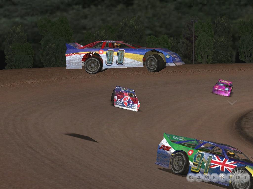 Up, up, and away. A renegade driver takes a flying leap over a string of hard-racing Late Models.