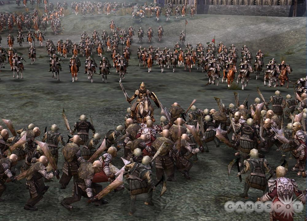 The Riders of Rohan charge into a swarm of orcs.