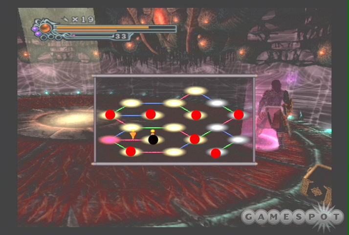 The red dots indicate Reb Orb locations; the black dot is a Red Orb guarded by a Marcellus. Save your Onimusha state for this fight, if possible