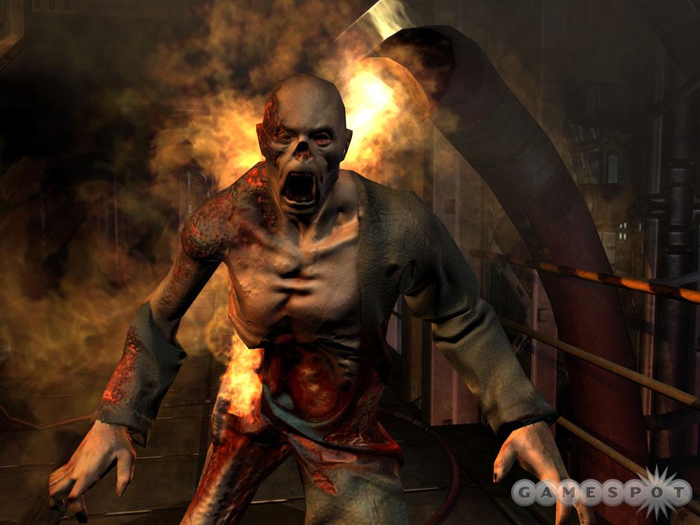 Scripted in-game encounters heighten the cinematic tension in Doom 3.