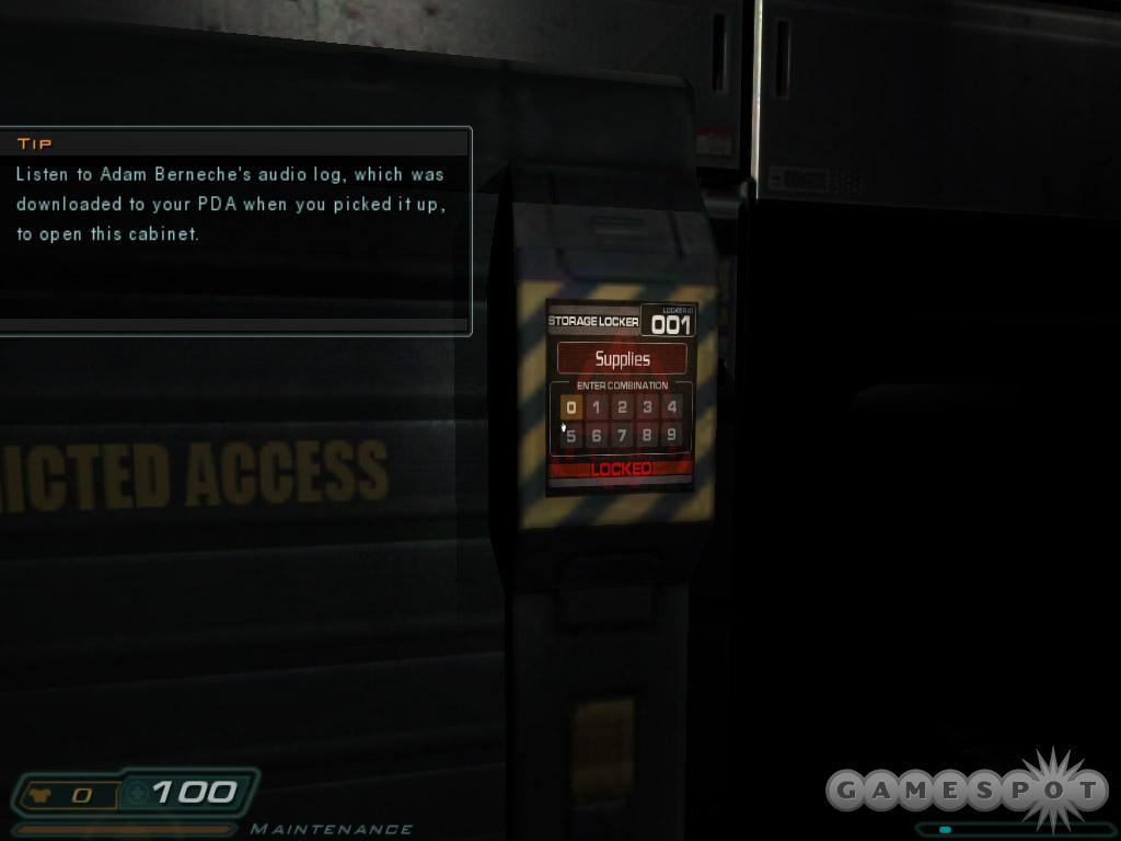Check your acquired PDAs for codes to these locked cabinets scattered throughout the game.