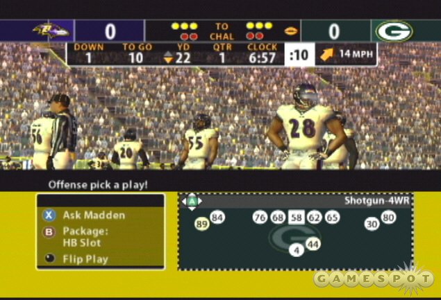 You can adjust formations and packages on the play selection screen. Change a shotgun formation to four wide receivers and even insert your running back into the slot position.
