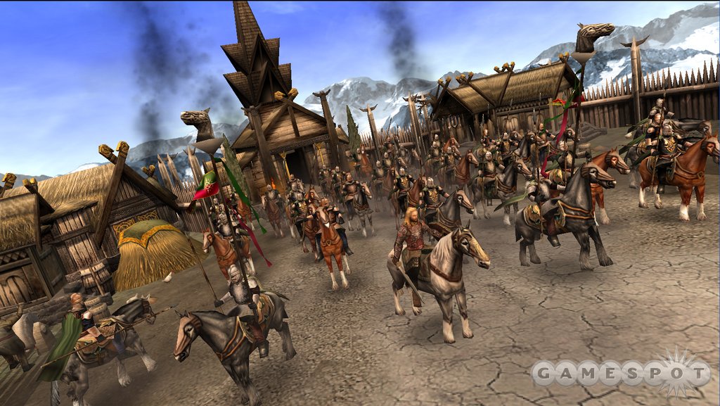 Eomer and the Rohirrim ride off into battle in one of the game's many colorful environments.