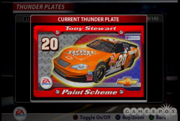 Players earn skill points for safe driving and for wins, which can be spent to buy thunder plates that unlock new drivers, cars, tracks, and paint schemes.