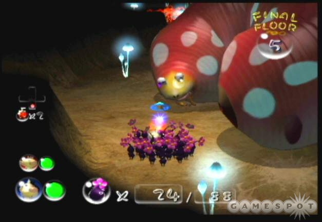 Toss purple pikmin onto the empress’ face…but whistle them back before she starts to roll around.