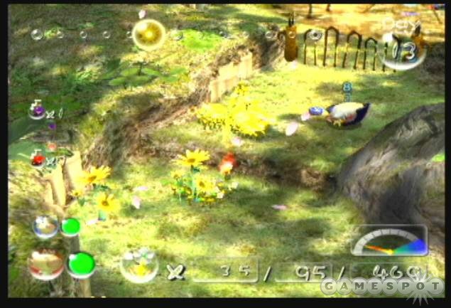 An electric fence holds in the blue pikmin. Use yellow pikmin to disable the fence.