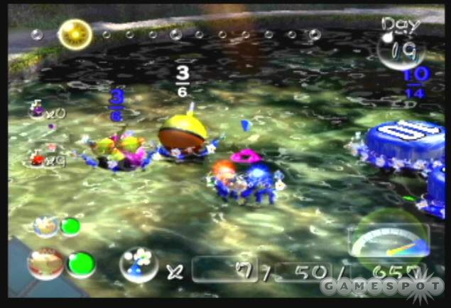 Kill the bloyster in the lake using blue pikmin and recover the Aquatic Mine.