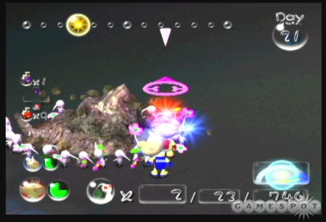 Use the treasure gauge and your white pikmin to find buried treasure in the drained lake.