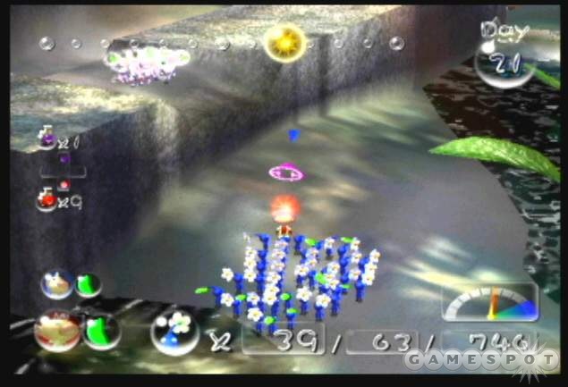 Use some creature pikmin tossing to get the white pikmin around the water and to the buried treasure.