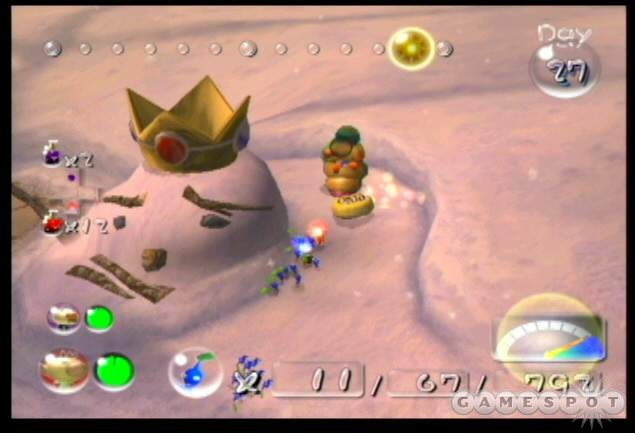 Eliminate the cannon larvae before using pikmin to recover the crown.