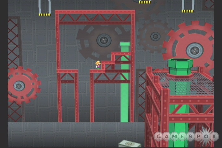 Although the red bars are usually solid, you can jump through the one to the left of this pipe.