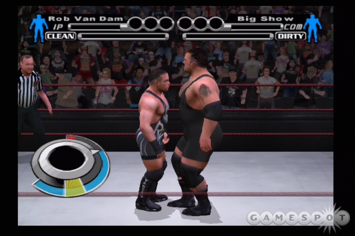 One example of in-ring minigames is the shoving match, which uses an NFL kicking meter-style interface to determine the strength and effectiveness of your shove.