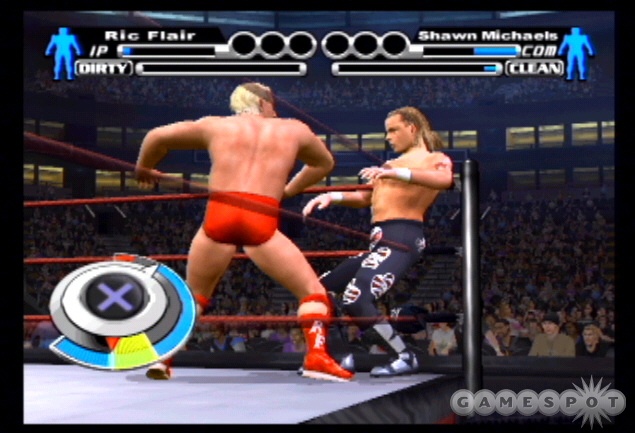 Smackdown vs. RAW features new mini games that occur before and during matches. Initiate a chop battle at a turnbuckle by pressing circle and down.
