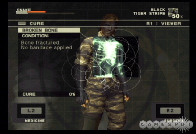 Open the cure menu to fix Snake’s wound, including this broken bone requiring a splint and bandage.