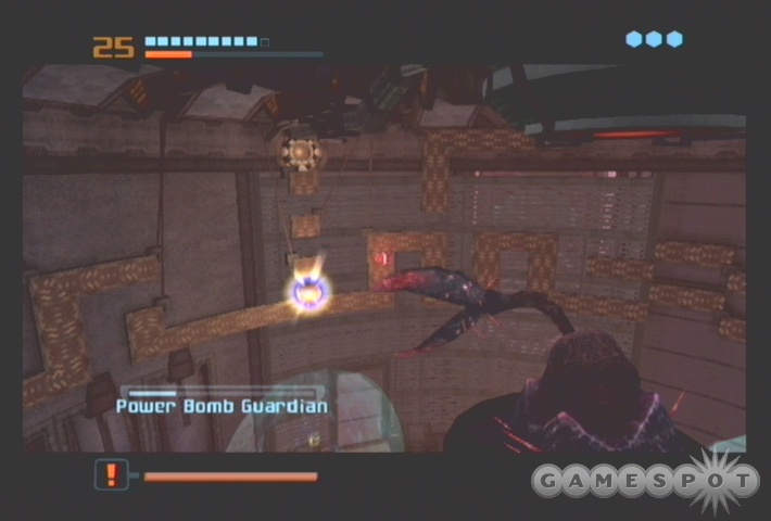 If you pause before the Guardian shoots his explosives, you should be able to rush past the bombs as they detonate.