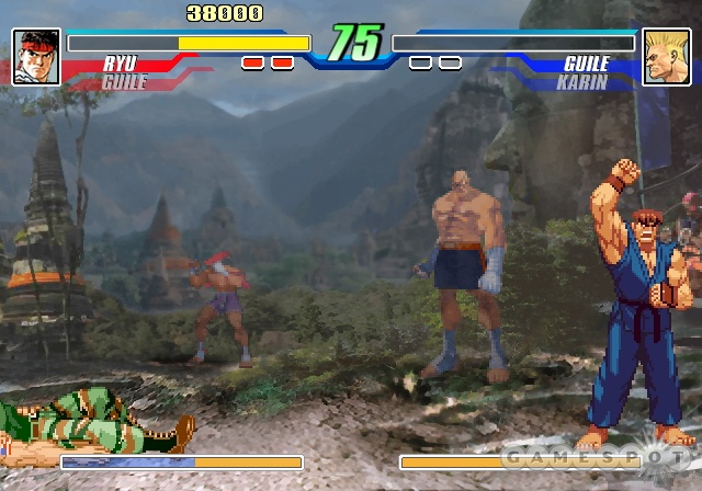 Ryu is stoked about beating up Guile while Sagat looks on in disgust.