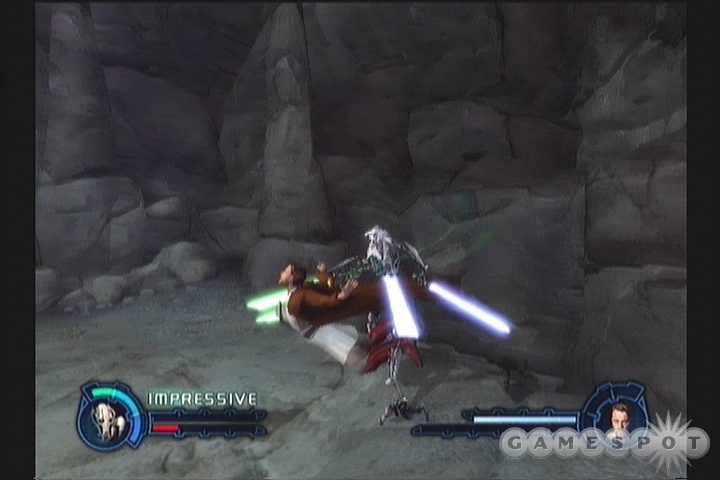 Obi-Wan can be defeated here, but it's not easy. Use your four-saber move for extra power.