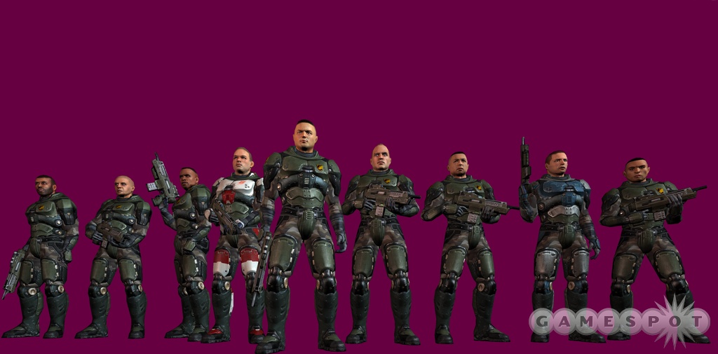 This is Rhino squad, your elite team of Marines in Quake 4. For some reason, they like posing in front of purple backgrounds.
