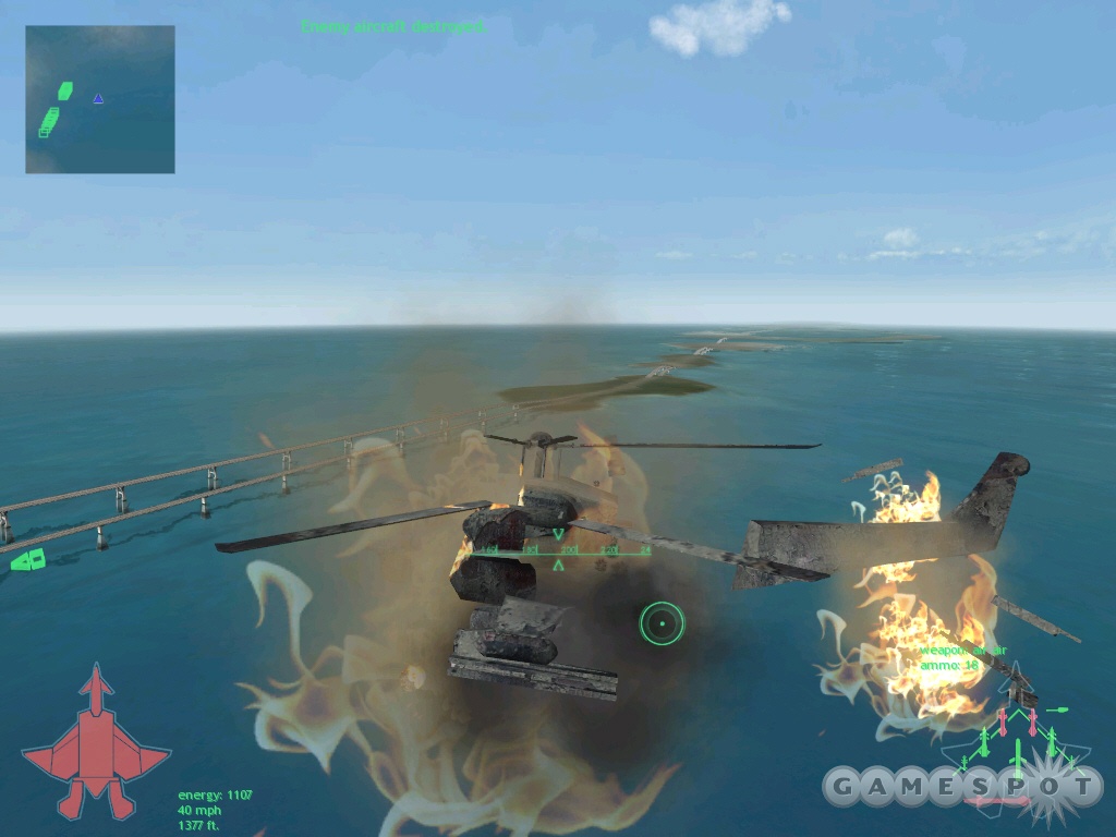 In Jetfighter 2015, it is your sworn duty to blow up as much stuff as possible. Here, an enemy helicopter becomes an airborne bonfire.