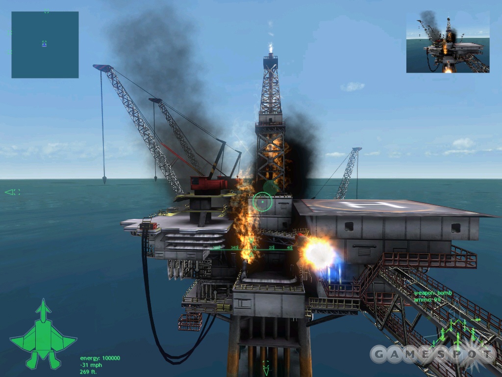 Occasionally, Jetfighter 2015 throws a curveball. Here, our hero is asked to quell an oil rig fire by zapping it with chemical bombs.