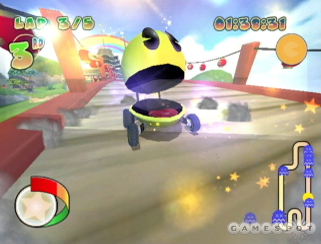 World Rally tries to toss in a couple of Pac-Man-inspired mechanics to jazz things up, but the game can't shake the whole Mario Kart rip-off vibe.