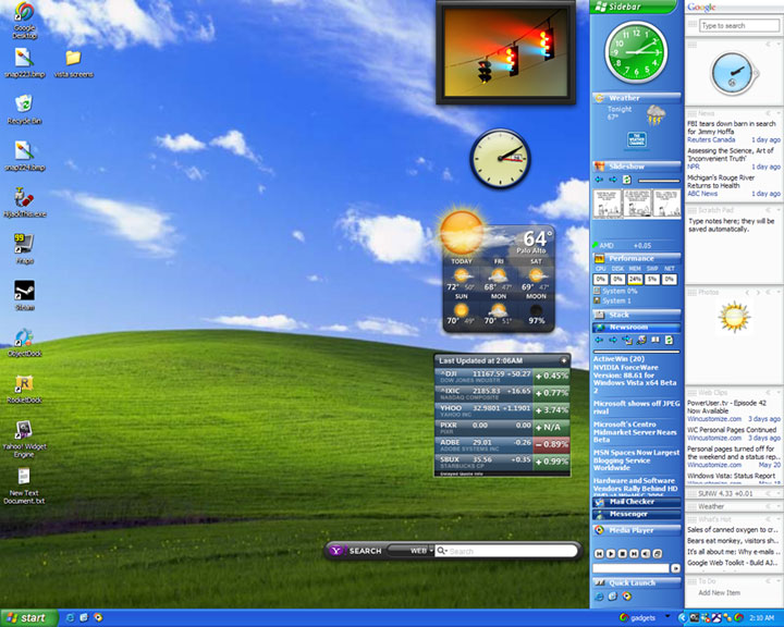 From left to right: Yahoo Widgets, Desktop Sidebar, and Google Desktop gadgets.