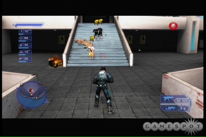 If you attack from the rear, the enemies will cluster up on the steps, allowing you to blow them up with grenades.