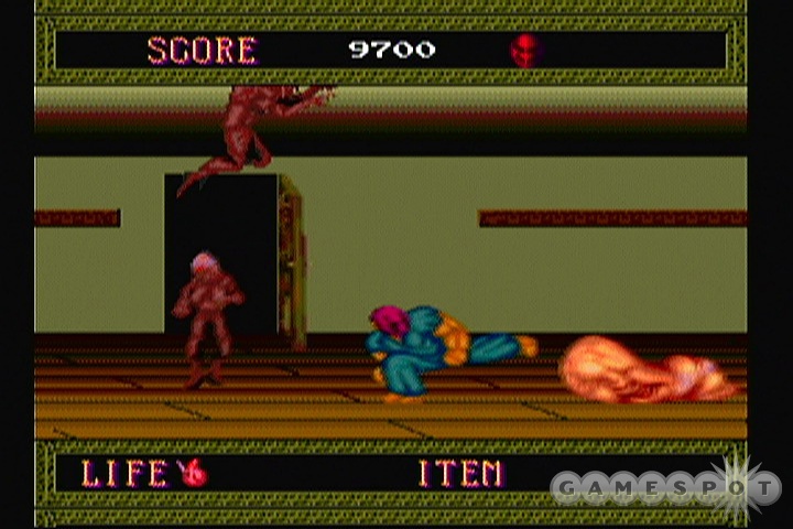 Splatterhouse gets its name from the way zombies splatter when you hit them with a two-by-four or a shotgun blast.
