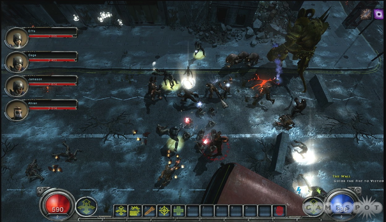 Hellgate: London features some unusual quest design for an RPG, such as this quest that's designed to be like a real-time strategy game.
