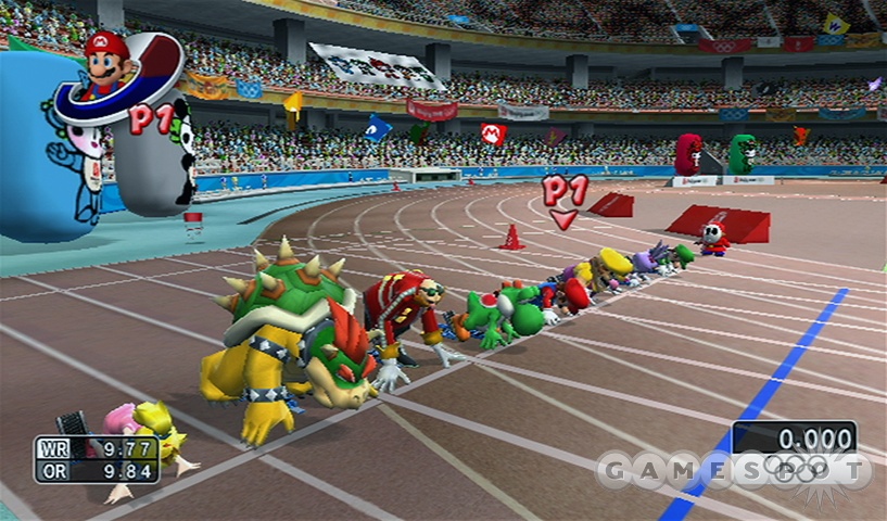 As the racers get set for a 100m dash, notice the charge meter in the upper left-hand corner.