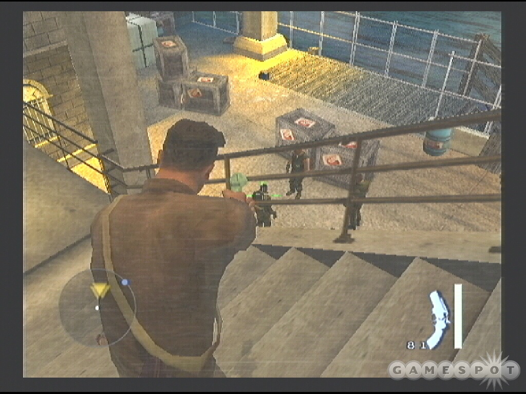 Aim at the guards near the boat from the height advantage provided by the staircase. The flare gun works great.