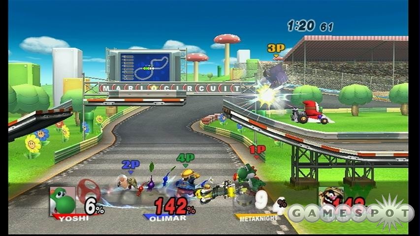 Many stages have environmental dangers, like the karts on this Mario Kart stage.