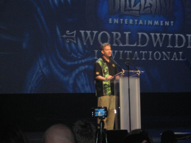 Mike Morhaime on stage.