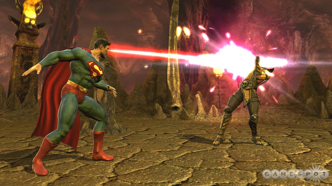 Scorpion gets a face full of heat vision, courtesy of the Man of Steel.