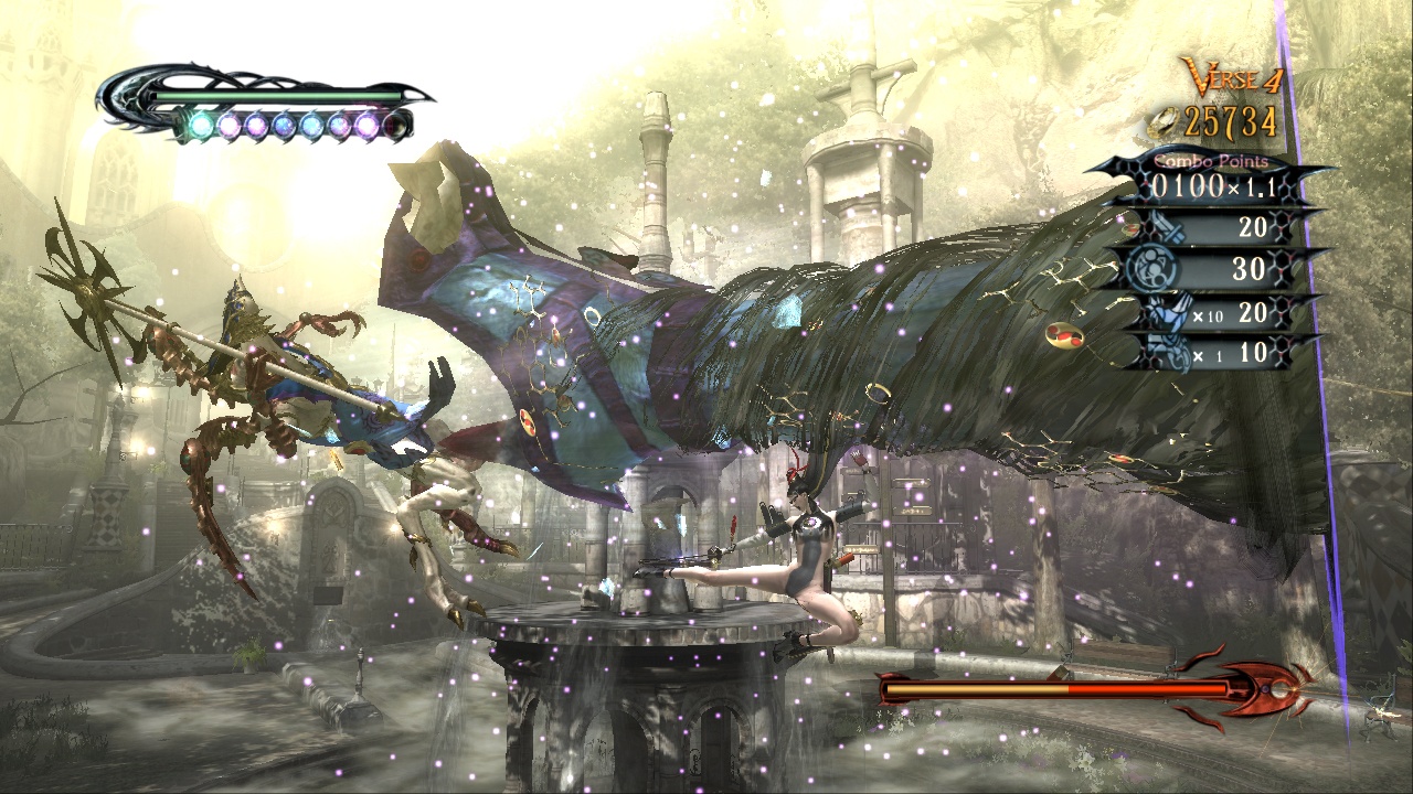 Bayonetta finishing moves often result in a large, hairy boot.