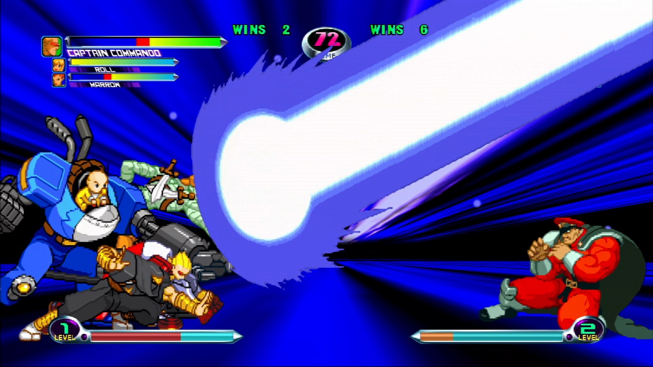 Marvel vs. Capcom 2’s super attacks are just as over-the-top as ever with three team players on screen at once.