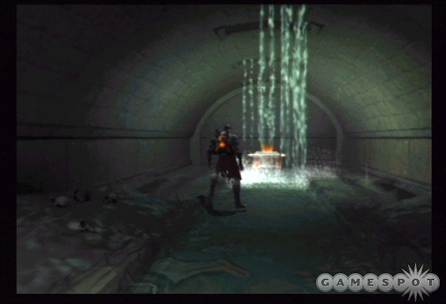 Search underneath the walkway for a hidden tunnel containing a chest.