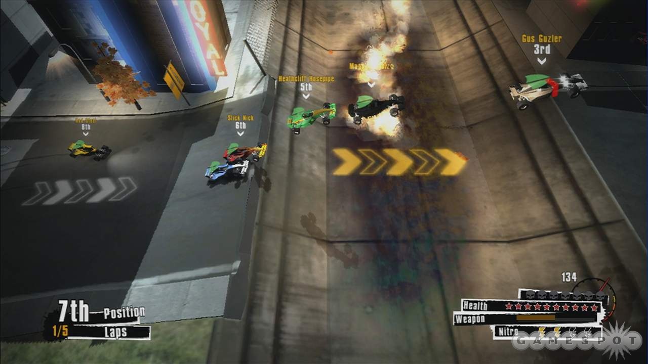 These open-wheel racecars are equipped with lasers but, contrary to what this screenshot suggests, they can't fly.