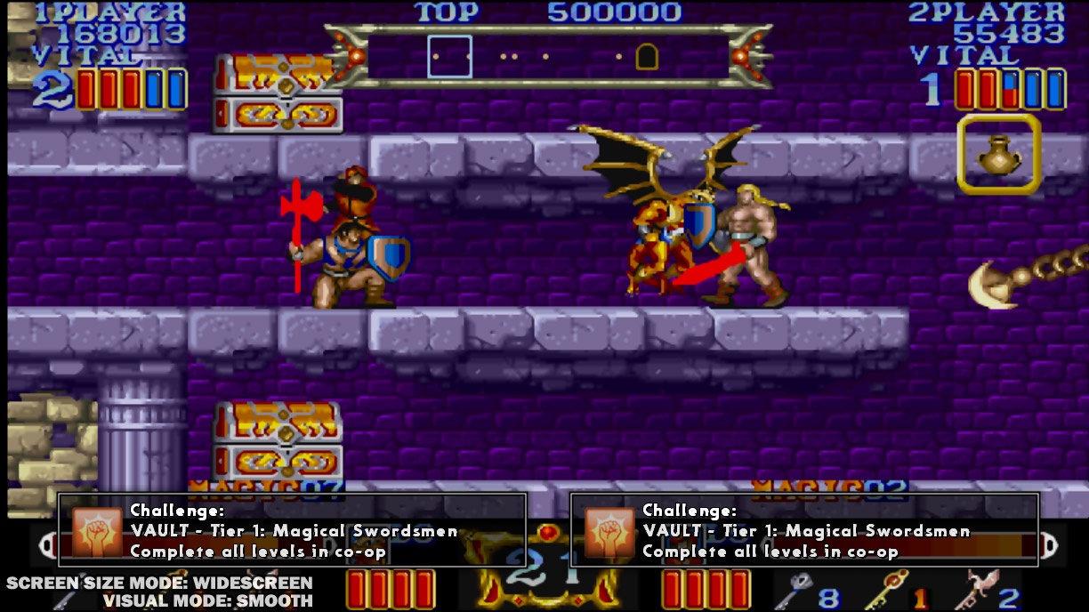 Magic Sword isn't as well known, but its very different brand of side-scrolling action lends this package some variety.