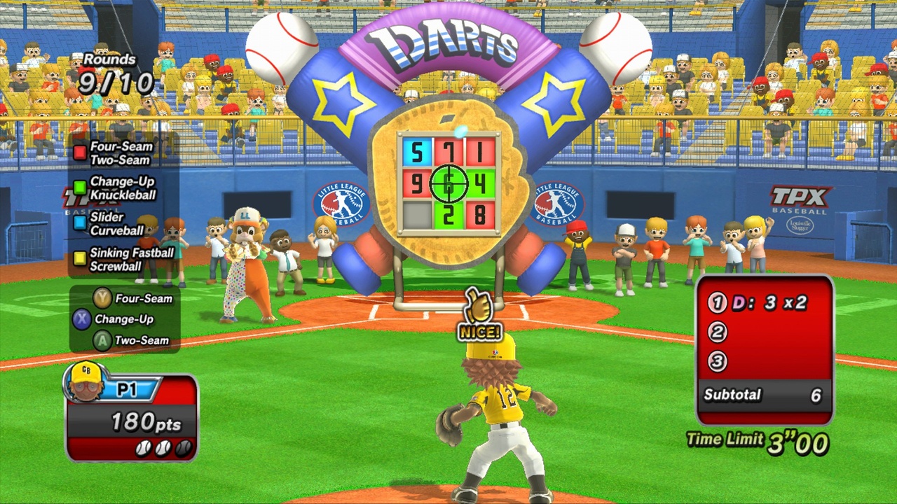 A suite of kiddy minigames like the darts pitching challenge liven up the straight baseball games.