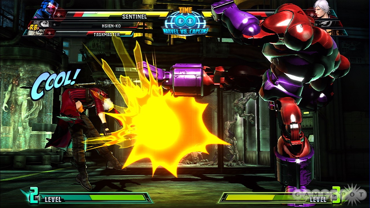 Dante's flashy moves are abruptly interrupted by Sentinel's giant boot to the gut.