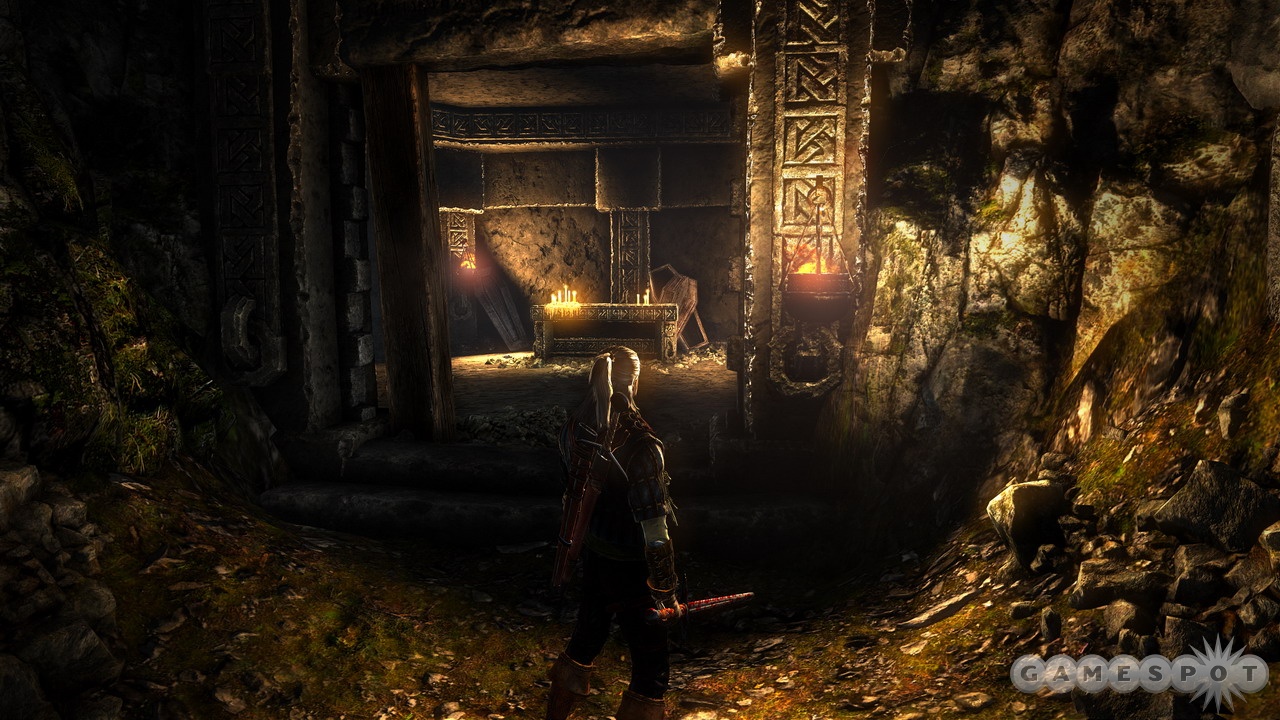 Exploring a musty tomb, about to get attacked by monsters. Just another day for a witcher.