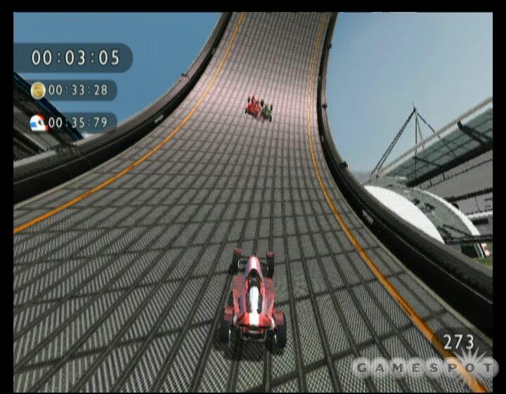 A loop-the-loop in TrackMania Wii's single-player Race mode.