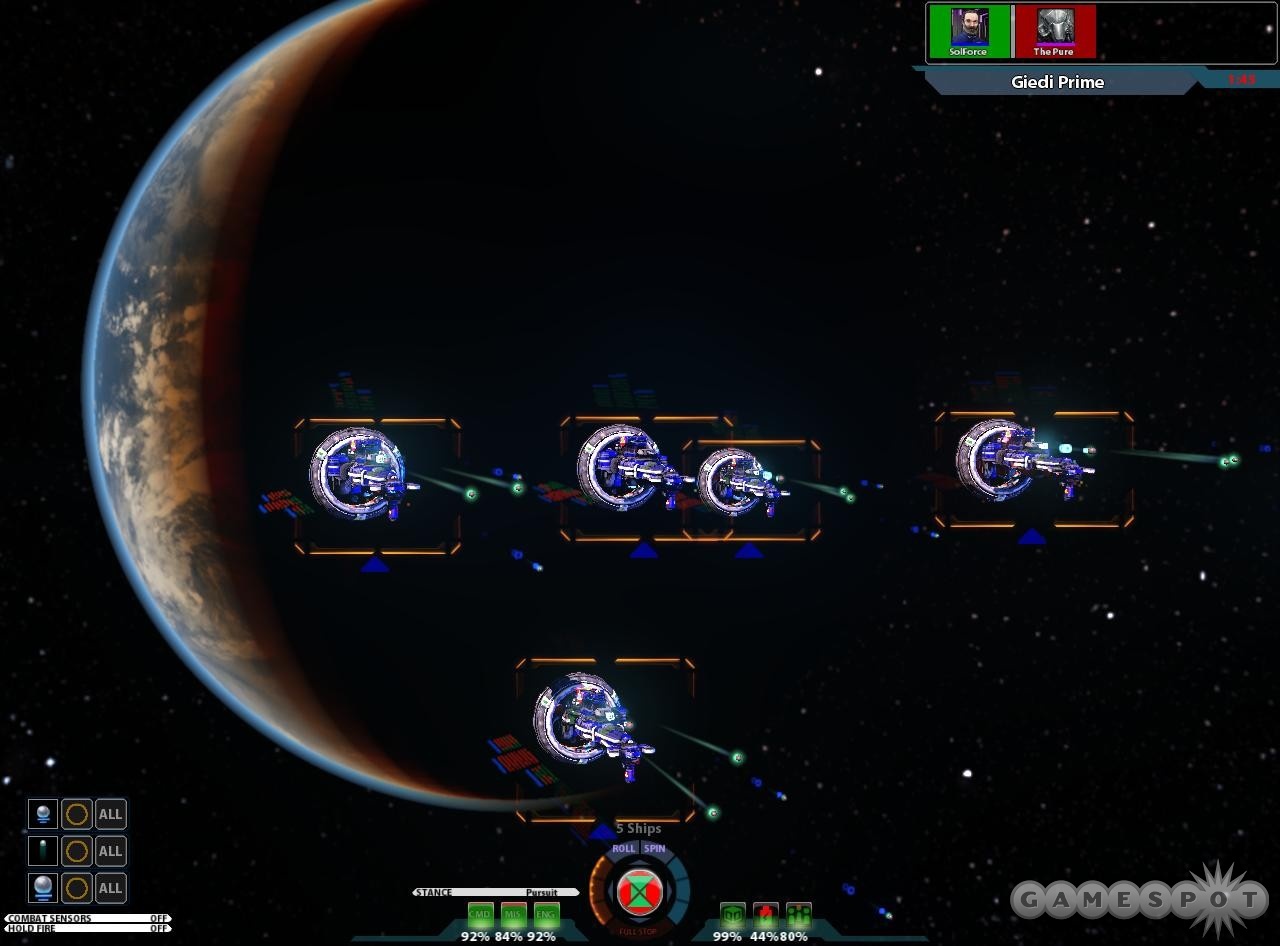The Sol fleet launches a volley at the enemy. The visuals for combat are so cool that you can watch individual turrets fire away.