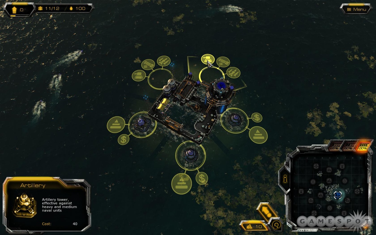 You can build five defensive towers around each of your platforms, choosing from bunkers, artillery, and antiaircraft missiles. The cones indicate towers that you can upgrade.